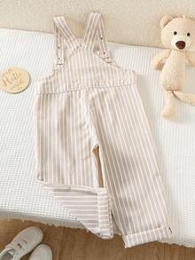 SHEIN 1pc Young Boy Casual Comfortable Stylish Simple Practical Versatile Soft Khaki Striped Fabric Bib Overall Pants, Suitable For Spring/Summer