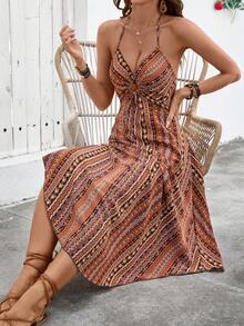 SHEIN PETITE 女式夏季花卉印花细肩带连衣裙，配有圆形链条、侧开衩和系带，侧面有镂空细节 - 彩色 - 查看 4