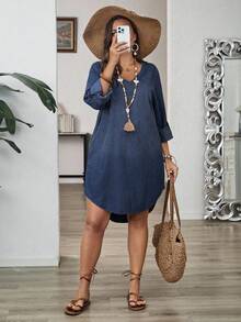 EMERY ROSE EMERY ROSE Vestido de mezclilla informal de talla grande con diseño de parte delantera corta y parte trasera larga, vestido de mezclilla de manga larga para mujeres, vestido de mezclilla, vestido de chambray de talla grande - Azul lavado oscuro - Ver 5