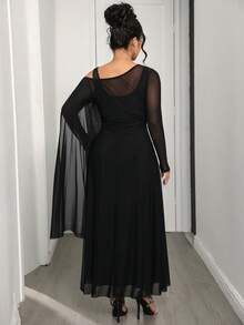 Modelyn 大码纯色网纱透视收腰长裙 - 黑色 - 查看 2