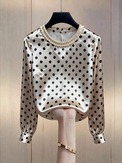 Franclia Blusa elegante de mujer con cuello redondo, decoración de perlas y manga larga, estampado de lunares, tela de satén, adecuada para ir a trabajar, elegancia diaria, Día de San Valentín, Nochevieja