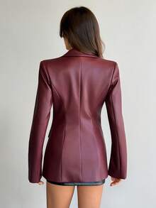 SHEIN Tall 女士复古酒红色腰部皮革PU西装外套，秋冬季女士办公室性感女郎万圣节服装感恩节服装圣诞节服装 - 酒紅色 - 查看 2