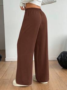 SHEIN PETITE 女款棕色 Y2K 高腰寬腿褲，純色休閒寬鬆正式西裝褲，秋季校園穿搭長褲，適合小個女生 - 棕色 - 查看 2
