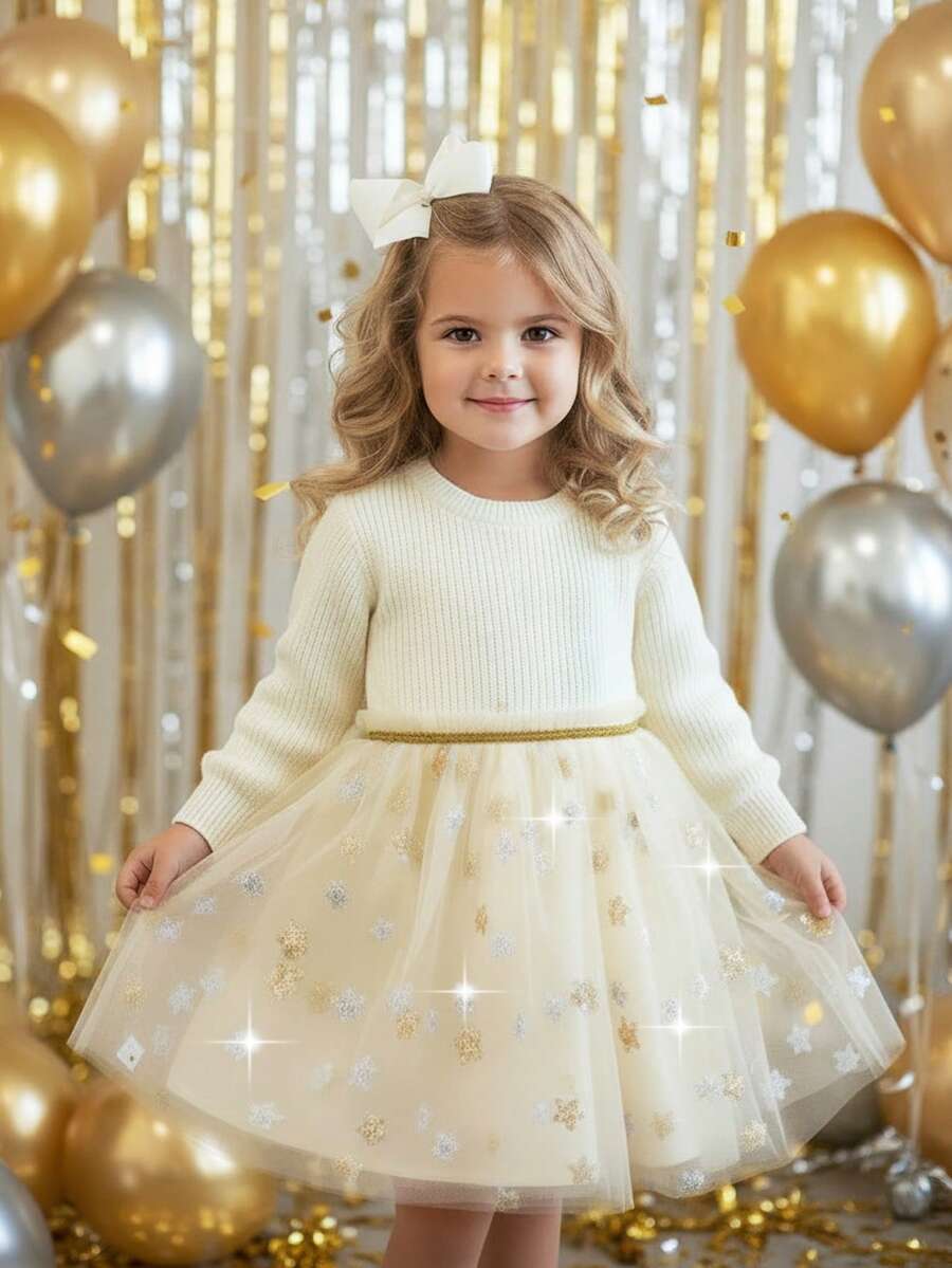 年轻女孩优雅可爱针织撞色网纱亮片长袖连衣裙 - 杏色 - 查看 1