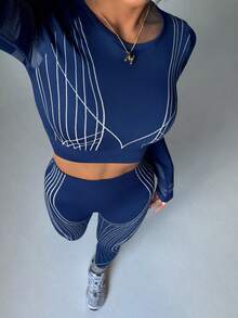 Dewbera Damski, minimalistyczny, sportowy top z okrągłym dekoltem i długimi rękawami, ze spodniami i nadrukiem