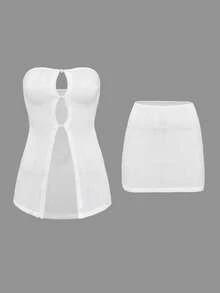 Bonvoyette Summer Vacation Sexy Solid Color Semi-Sheer Cropped Camisole Top And Bodycon Mini Skirt Set