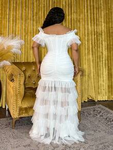 Veslaya 2025春夏新款大码女装弹力腰波西米亚风薄纱荷叶边露肩褶裥鱼尾裙摆优雅连衣裙 - 适合音乐节、复活节、波西米亚风活动、纳什维尔风格场合、生日派对、毕业典礼、学生休闲装、休闲、度假、邮轮旅行 - 白色 - 查看 2
