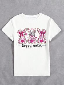 Resyla Women's Rabbit & Floral "Happy Easter" Graphic Tee, Soft & Comfortable Round Neck Short Sleeve T-Shirt, Suitable For Daily, Holiday, And Casual Wear - White - View 5