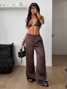 Coolane 女士夏季乡村音乐会外出海滩装扮波西米亚风简约水洗100%纯棉白色弧形裤脚裤 - 棕色 - 查看 2