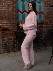 Andrea Bello 女士休闲纯色针织毛衣和裤子两件套，秋冬 - 淺粉色 - 查看 6