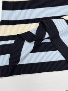 Flirla Women's Casual Contrast Stripe Off-Shoulder Sweater, Autumn - Blue - View 6