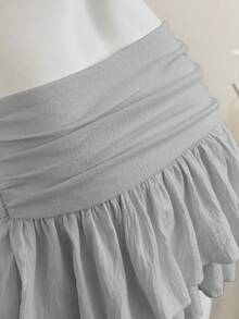 Elamini 米色褶皱高腰低腰双层雪纺半身裙，度假风迷你裙 - 灰色 - 查看 4