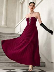 SHEIN Elenzya Váy suông cổ chữ V nhún bèo lãng mạn thanh lịch, eo ôm vừa vặn, đính ngọc trai tinh tế, thích hợp cho ngày lễ tình nhân, buổi hòa nhạc - Màu Đỏ Sâu - Xem 3