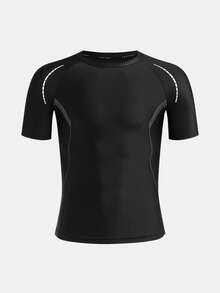 SHEIN 青少年男童百搭纯黑色修身运动服，撞色印花装饰，休闲运动风，舒适百搭，适合日常穿着、上学、户外活动、健身锻炼。 - 黑色 - 查看 2