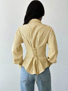 Firerie Women's Blue And White Striped Long Sleeve Shirt, Tie-Waist Shirt, Casual Commuter Shirt, Vacation Shirt, Cinched Waist Striped Shirt, Suitable For Spring, Summer, Autumn And Winter, Elegant, Vacation, Bohemian, Work Attire - Yellow - View 2