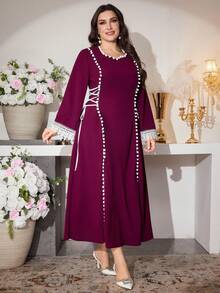 Modelyn Elegant Floral Lace Trim Long Sleeve A-Line Waist Tie Dress, Suitable For Spring, Autumn Daily And Party Occasions, Plus Size - Red Violet - View 6