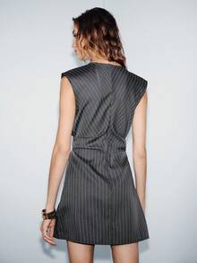 Lumivelle Women's Fashionable Striped Checkered Short Dress With Flutter Sleeves, Dark Gray, Elegant For Commuting, Vacation, Leisure, Holidays, Christmas, New Year, And Summer. - Grey - View 2