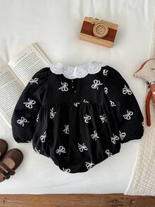LMoss Kids LMoss 女婴可爱彼得潘领连体衣，带蝴蝶结印花，休闲时尚，适合派对、室内和室外穿着。 - 彩色 - 查看 3