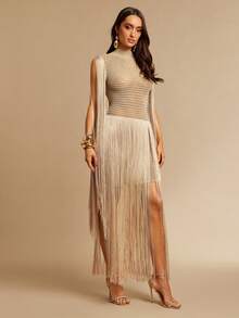 Silquee Váy midi dài tua rua không tay thời trang - Vàng - Xem 3