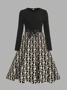 SHEIN Tween Girl Casual Minimalist Comfortable Round Neck Long Sleeve Solid Color Patchwork Geometric Pattern Dress - Multicolor - View 3