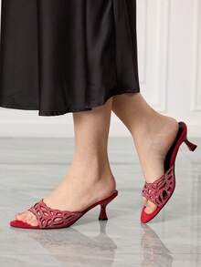 Sleekvia Women's Pointed Toe Rhinestone Hollow Design Elegant High Heel Sandals - Red - View 3