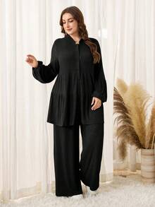 Lacomfia Bộ 2 món áo dài tay trơn màu tối giản cho nữ cỡ lớn và quần dài - màu đen - Xem 5