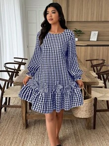 EMERY ROSE 女士休闲连体裤，饰有3D立体花卉图案，荷叶边下摆，格子图案，秋冬款 - 藏蓝色 - 查看 4