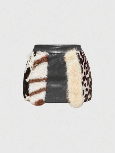 Falda mini de cintura baja de piel sintética con estampado animal y parches en estilo hippie vintage "Millennium Babe" para mujeres