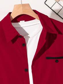 青少年男士绅士风单件红色领休闲短袖衬衫，绅士衬衫，商务优雅校园风，生日派对日常休闲外套，优雅简约，情人节青少年男士长袖衬衫 - 紅色 - 查看 7