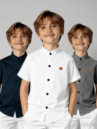Bộ 3 áo sơ mi nam tuổi teen (áo sơ mi trắng + áo sơ mi xám + áo sơ mi xám xanh đậm), Bộ áo sơ mi tay ngắn cổ đứng rộng rãi thường ngày cho bé trai tuổi teen, Thích hợp mặc ở nhà, giải trí, hoạt động ngoài trời, tụ tập bạn bè, mang lại vẻ ngoài thoải mái và dễ chăm sóc, Thiết kế đơn giản duy trì sự thoải mái, Nhiều màu sắc lựa chọn cũng thích hợp cho du lịch, trường học, khuôn viên trường