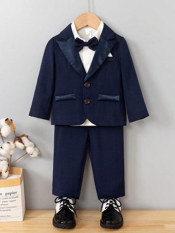 3pcs/Set Baby Boy Navy Blue Collar Suit Jacket With Bowknot And Elastic Waist Pants, Suitable For Birthday Party, Formal Occasion, Performance, Wedding, Christening, New Year, Children Outfit, Baby Boy Clothing, Boy Set, Infant Boy Set, Baby Boy Set