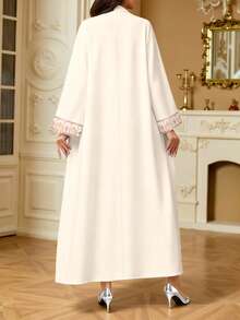 SHEIN Najma Women's Geometric Pattern Faux Embroidery Digital Print V-Neck Long Sleeve Elegant Arabic Maxi Dress, Spring/Autumn Kaftan Jalabiya Dress - Multicolor - View 2