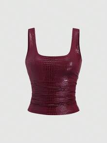 Sweetra New Stylish Burgundy Crocodile Embossed PU Coated Elastic Streetwear Party Clubwear Commuter Everyday Fitted Tank Top For Women, Spring/Summer - Burgundy - View 1