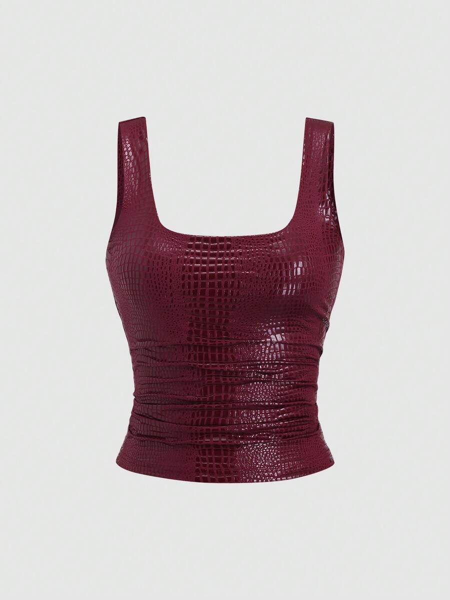 Sweetra New Stylish Burgundy Crocodile Embossed PU Coated Elastic Streetwear Party Clubwear Commuter Everyday Fitted Tank Top For Women, Spring/Summer - Burgundy - View 1