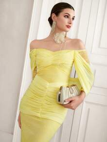 Elenzga Nuevo vestido largo elegante para mujer, vestido de noche ajustado y sexy con diseño calado, vestido de fiesta de manga larga fruncido de moda - Amarillo - Ver 6
