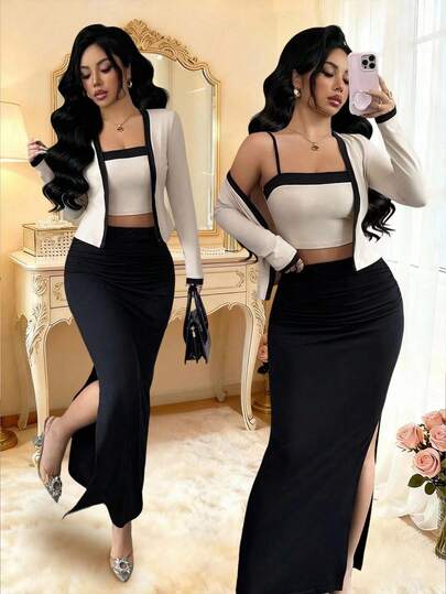 SHEIN Elenzya 2pcs Women's Elegant Contrast Color Cardigan Long Sleeve Top + Black Pleated High Slit Midi Skirt Set, Suitable For Party, Family Gathering, Christmas, Halloween, Valentine's Day, New Year, Commuting And Casual Wear, Spring/Autumn
