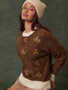 WESTFADE 拼接圆领花卉刺绣混针长袖套头针织毛衣，可爱秋季上衣，休闲波西米亚风，适合乡村西部音乐会、秋季、冬季穿着。 - 杏色 - 查看 2
