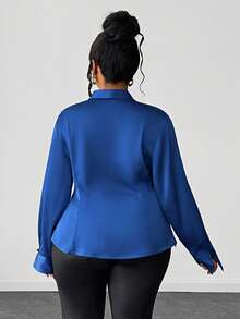 Maweii Große Größen Damen Sexy Herbst/Winter Drapierter Ausschnitt Überschneidende Pullover Bluse, Tiefer Drapierter Ausschnitt, Elegant, Geeignet für Arbeit und Alltag, Langarm, Plissiert, Satin - Blau - Übersicht 2