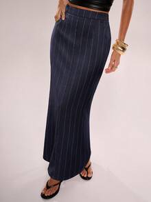 Avenya Navy Blue Wide Striped Sleeve Top & EleganSkirtrt Set - Navy Blue - View 6