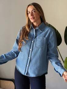 Vivie Lora 女士纯色休闲长袖牛仔衬衫 - 藍色 - 查看 4