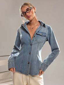 Avantive 秋季/夏季/冬季/返校季/女士演唱会/外出/生日/服装/休闲/千禧年/2000年代/90年代/性感/西部牛仔女装/波西米亚风/乡村风/俱乐部/办公室/鸡尾酒会/复古/紧身/锐舞音乐节/趣味/优雅/老钱风/街头风/度假/乡村演唱会/工作/端庄/国庆新年派对/基础款/毕业/新年/牛仔上衣/女士纯色长袖收腰复古前扣牛仔衬衫 - 藍色 - 查看 4