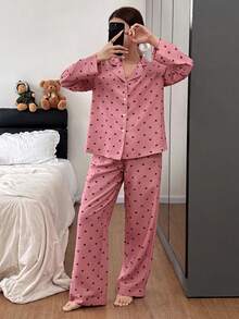SHEIN Women's Loose Turndown Collar Red Heart Print Long Sleeve Pajama Set Soft Pajamas Set Heart Pajama Set Sleepwear Women Button Up Pajamas Women - Multicolor - View 4