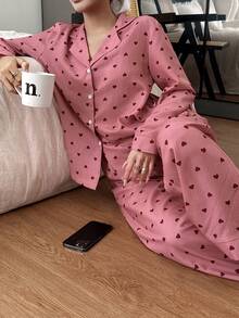 SHEIN Women's Loose Turndown Collar Red Heart Print Long Sleeve Pajama Set Soft Pajamas Set Heart Pajama Set Sleepwear Women Button Up Pajamas Women - Multicolor - View 6