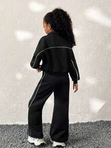 Coolane Kids Tween Girl Fall /Winter, Streetwear Basic Back To School 2pcs Set Zip Front Long Sleeve Hoodie And Drawstring Waist Pants Casual Suit, Christmas,New Year ,Thanksgiving - Black - View 3