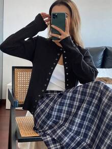 DAZY Women's Solid Color Fitted Long Sleeve Round Neck Elegant Casual Knit Cardigan, Spring/Autumn - Black - View 7