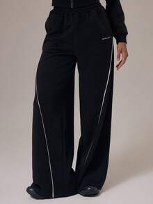 Musera Sport 运动撞色滚边阔腿慢跑裤，仅裤子，适合秋冬季运动健身锻炼。合金 - 黑色 - 查看 2