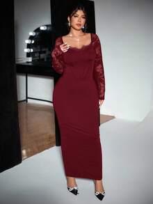 Firerie Damen Große Größen Neues Lässiges Elegantes Bodycon Spitze Patchwork Kleid, Schwarzes Kleid, Verführerisches Kleid, Geeignet für Partys, Dates, Romantische Nächte, Galas, Meerjungfrauenkleid