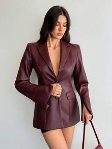 SHEIN Tall 女士复古酒红色腰部皮革PU西装外套，秋冬季女士办公室性感女郎万圣节服装感恩节服装圣诞节服装 - 酒紅色 - 查看 1