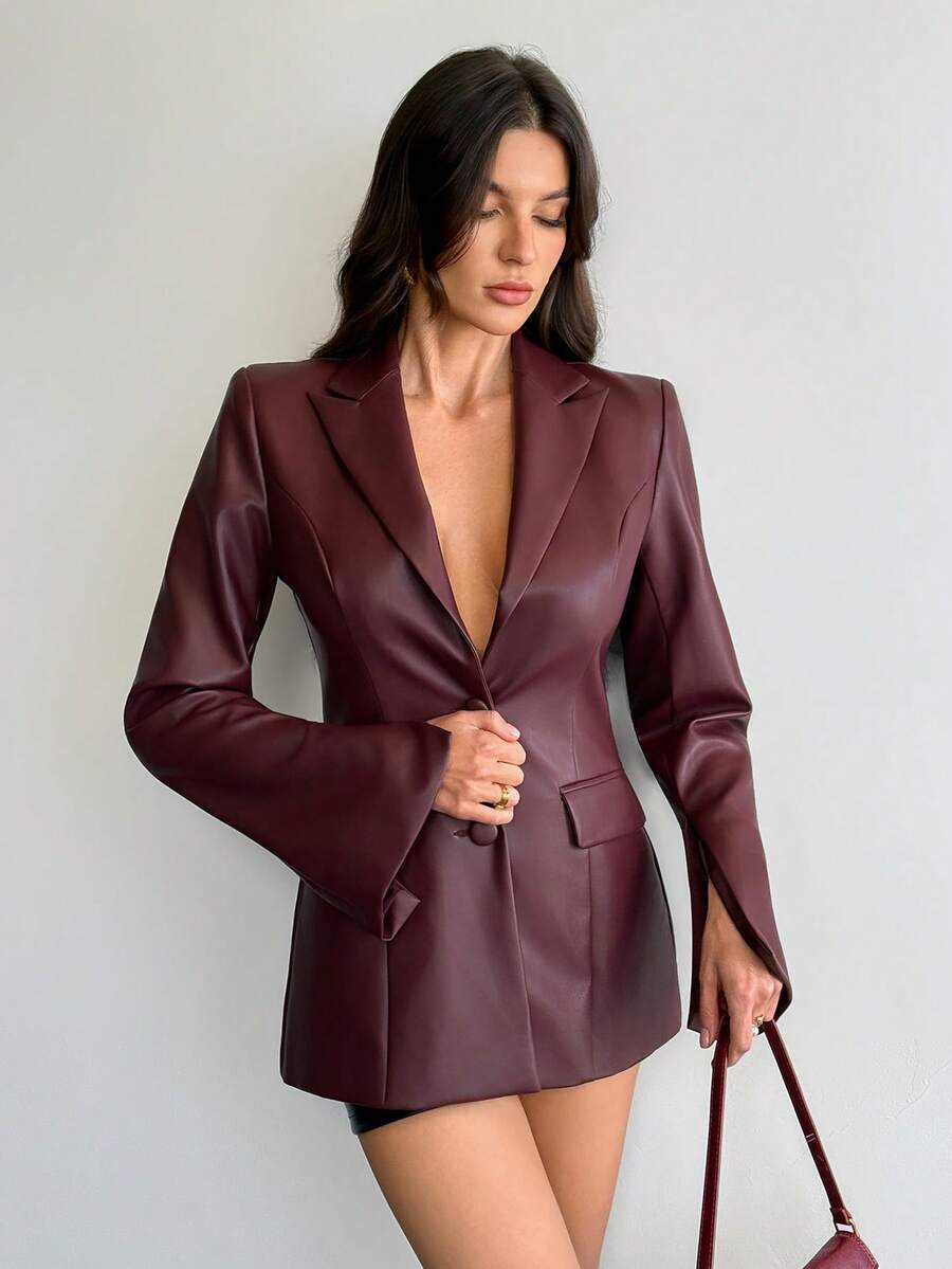 SHEIN Tall 女士复古酒红色腰部皮革PU西装外套，秋冬季女士办公室性感女郎万圣节服装感恩节服装圣诞节服装 - 酒紅色 - 查看 1