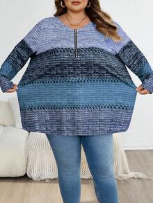 SHEIN CURVE+ Áo thun cổ bẻ màu nâu Giáng sinh cỡ lớn dành cho nữ, áo thun chủ đề Giáng sinh dành cho nữ, quần áo thu/đông cỡ lớn - Màu xanh lam - Xem 4